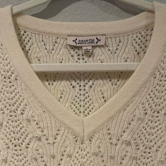 Nanette Lepore Cream V-Neck Sweater Pearl embellishment. - Picture 3 of 9